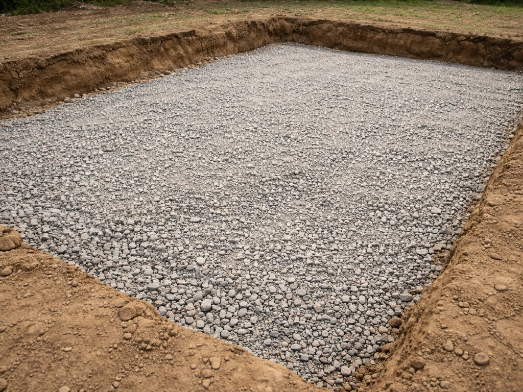 Close-up wide view of a graded subbase area with compacted gravel/crushed stone and slight slope.