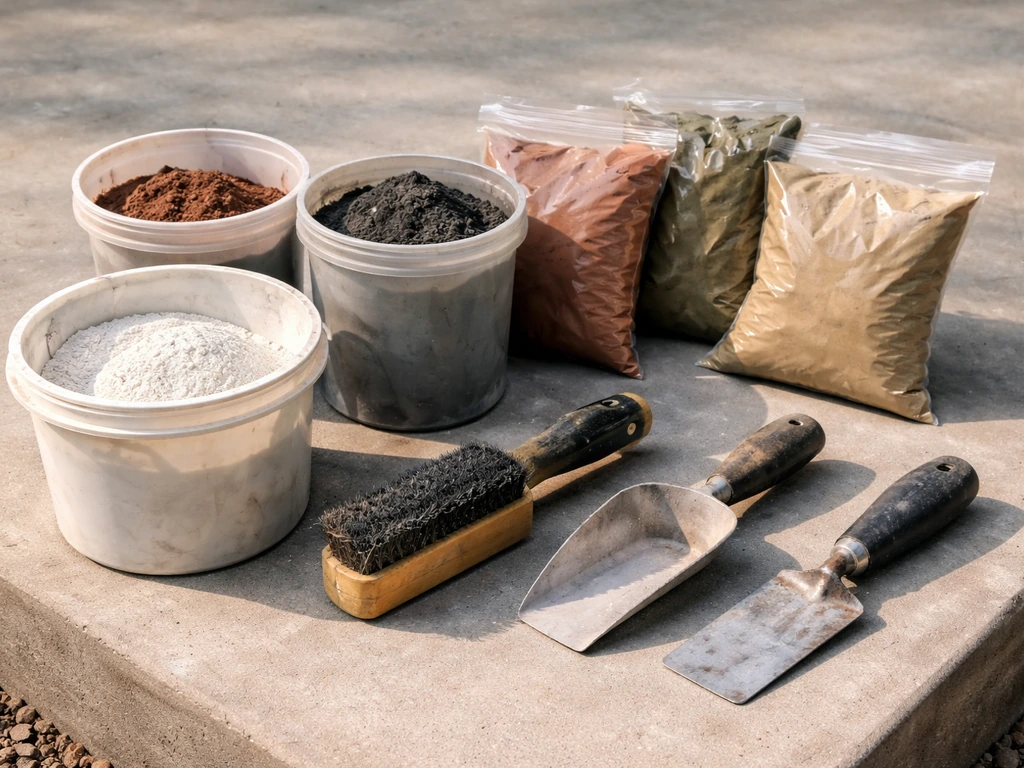 Buckets of colored concrete pigment and release agent powder with small stamping tools on a concrete slab