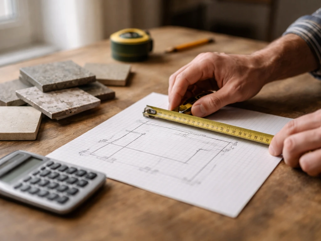 Hands measuring a patio plan on graph paper with a tape measure and calculator on a wooden table.