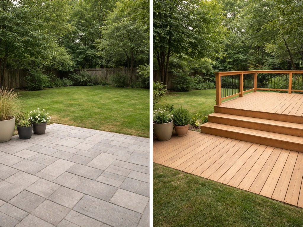 Split-view backyard showing a ground-level paver patio on one side and a raised wooden deck on the other.