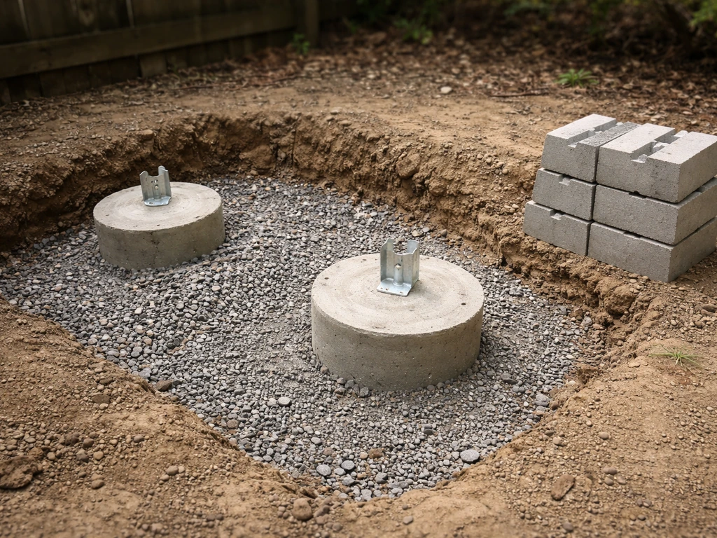 Excavated backyard deck footing area with gravel base and freshly poured concrete piers, no people.