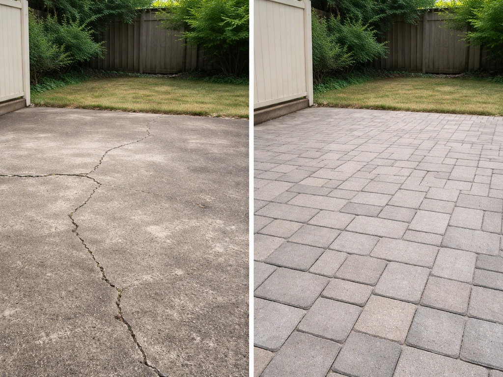 Left side shows cracked old patio slab; right side shows newly installed pavers in a backyard.