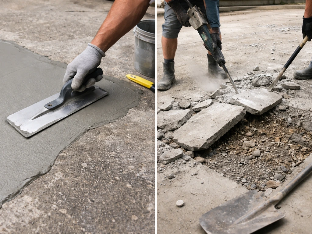 Two-panel photo: thin cement overlay on concrete vs full slab demolition down to base material.