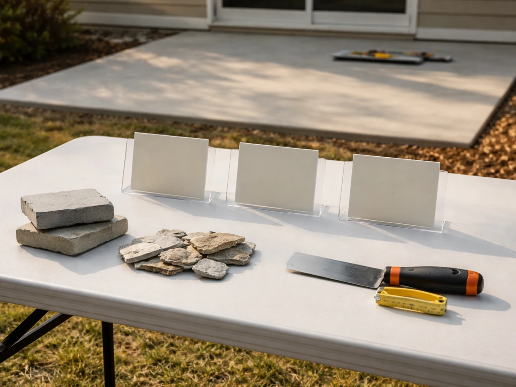 Minimal photo of a patio cost breakdown scene with neatly arranged material samples and blank estimate cards