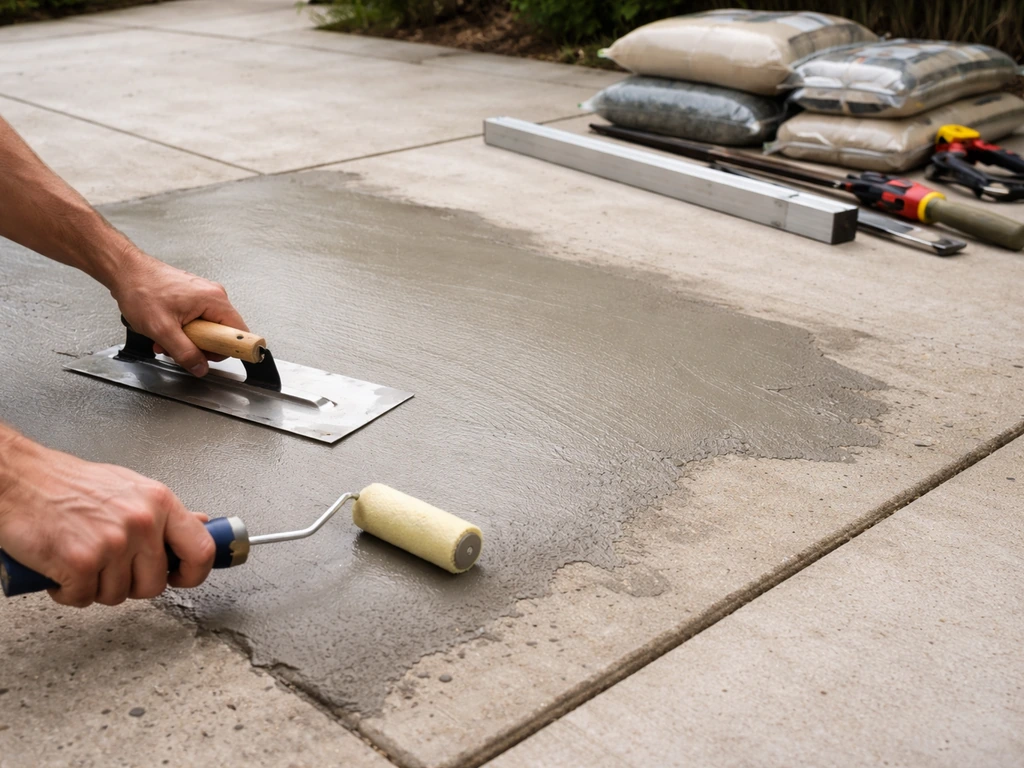 Homeowner using cementitious resurfacer on a concrete patio, with contractor-style tools and materials nearby
