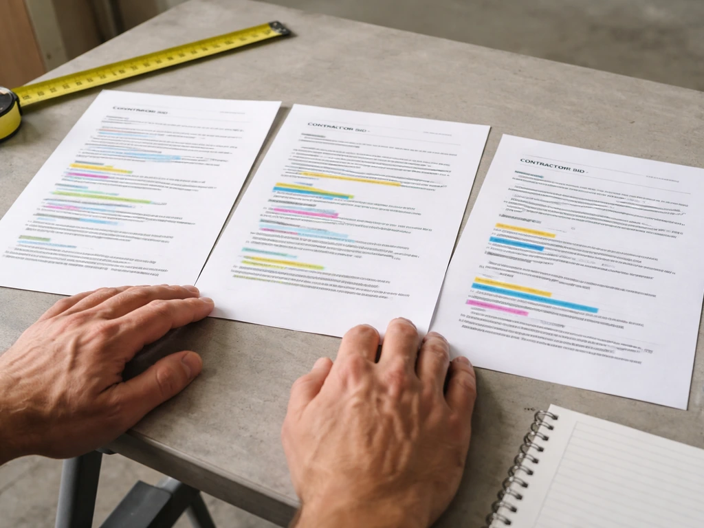 Hands comparing three contractor bid documents on a patio project table with measurements and a tape measure