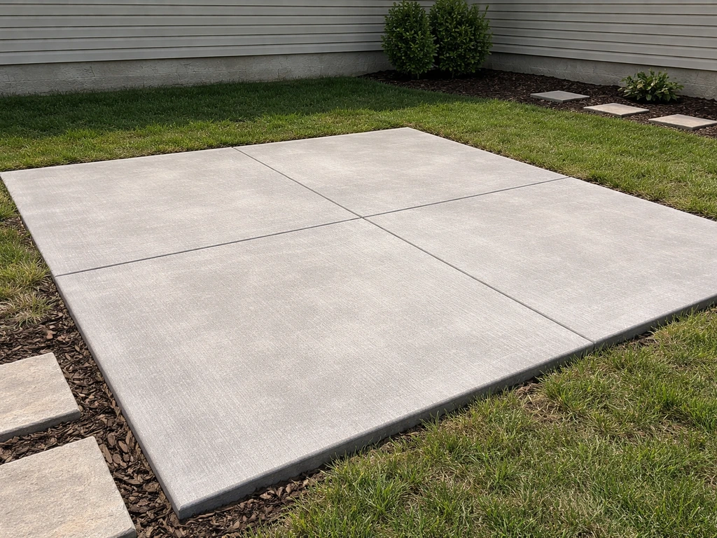 Finished broom-finished concrete patio in a residential backyard, showing texture and clear size context.