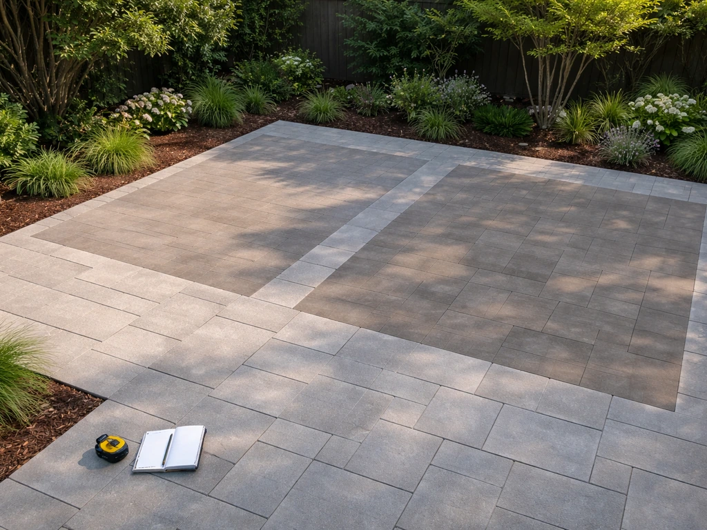 Simple outdoor patio tiles with three shaded size overlays and a sunlit cost-range vibe