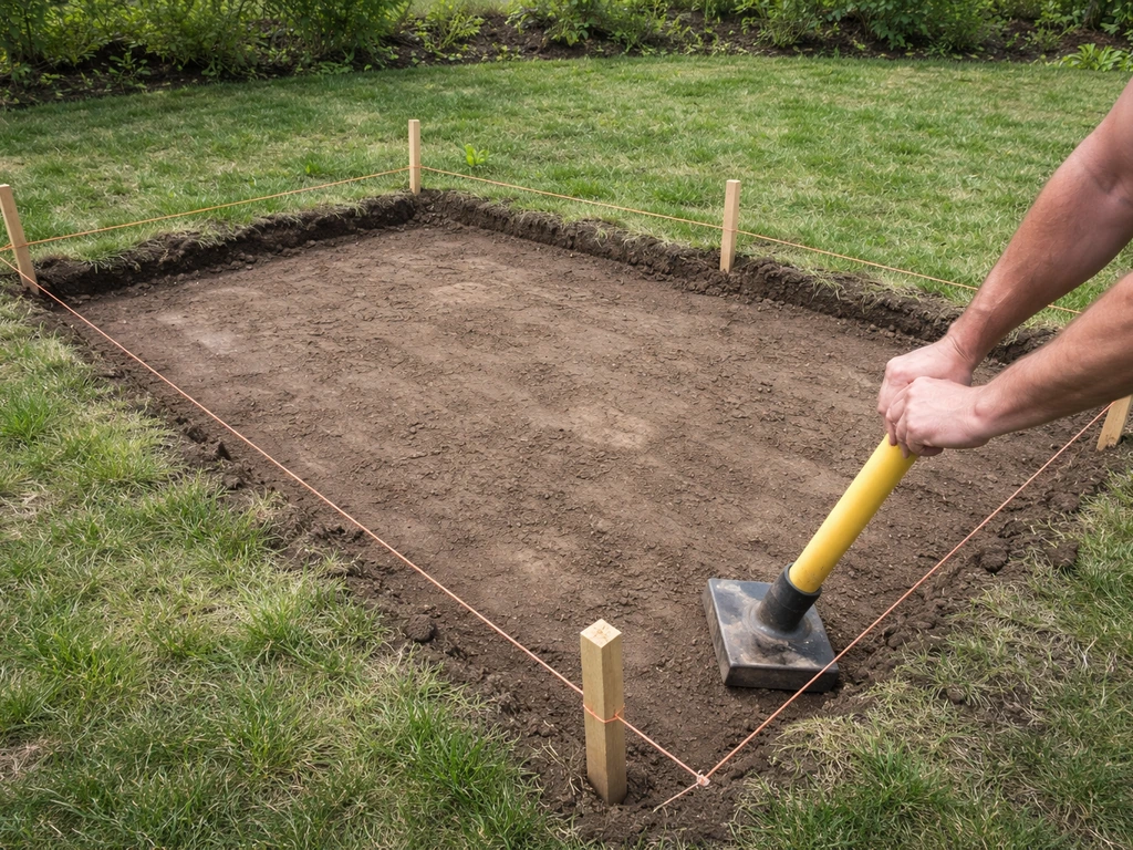 Small patio area under excavation with stakes, removed soil, and a leveled graded base