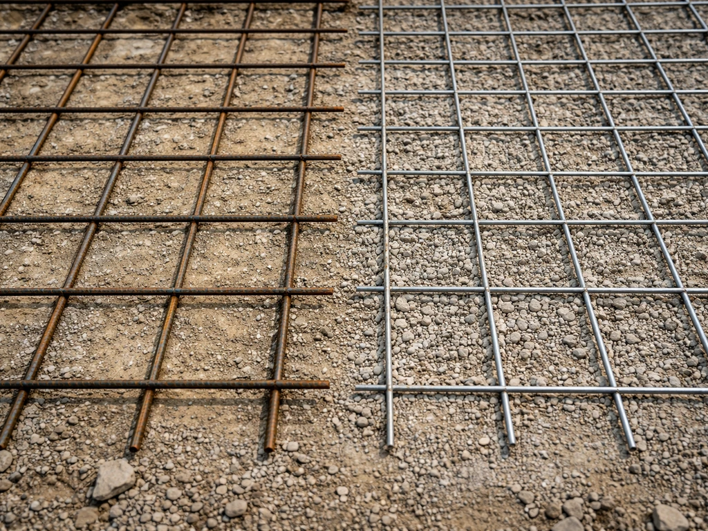 Close-up of concrete patio base with rebar grid and wire mesh reinforcement laid side by side