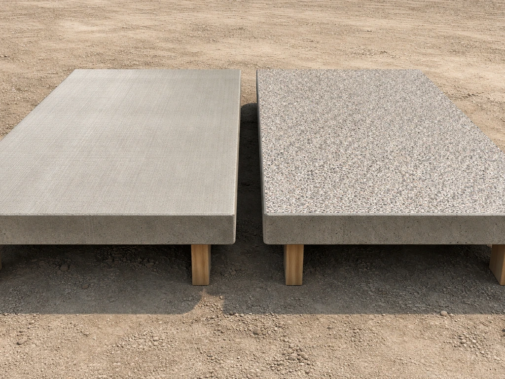 Two adjacent concrete slab panels showing broom finish and exposed aggregate textures side by side.