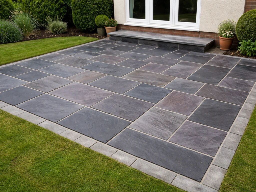 Finished slate patio with natural dark stone slabs and clean borders in a UK home garden.