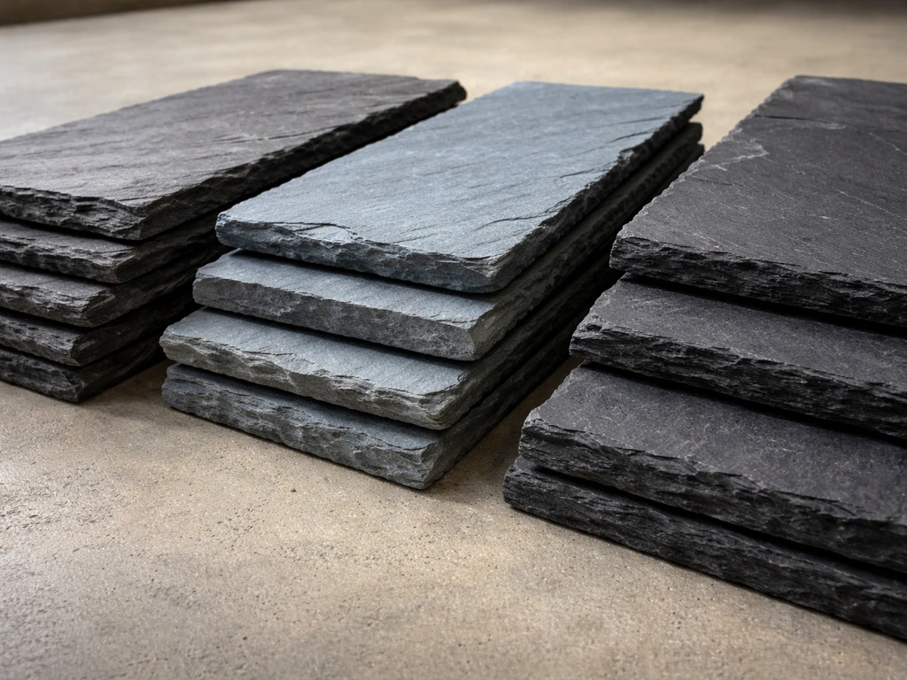 Close-up of stacked slate slabs in different colors and thicknesses for patio materials