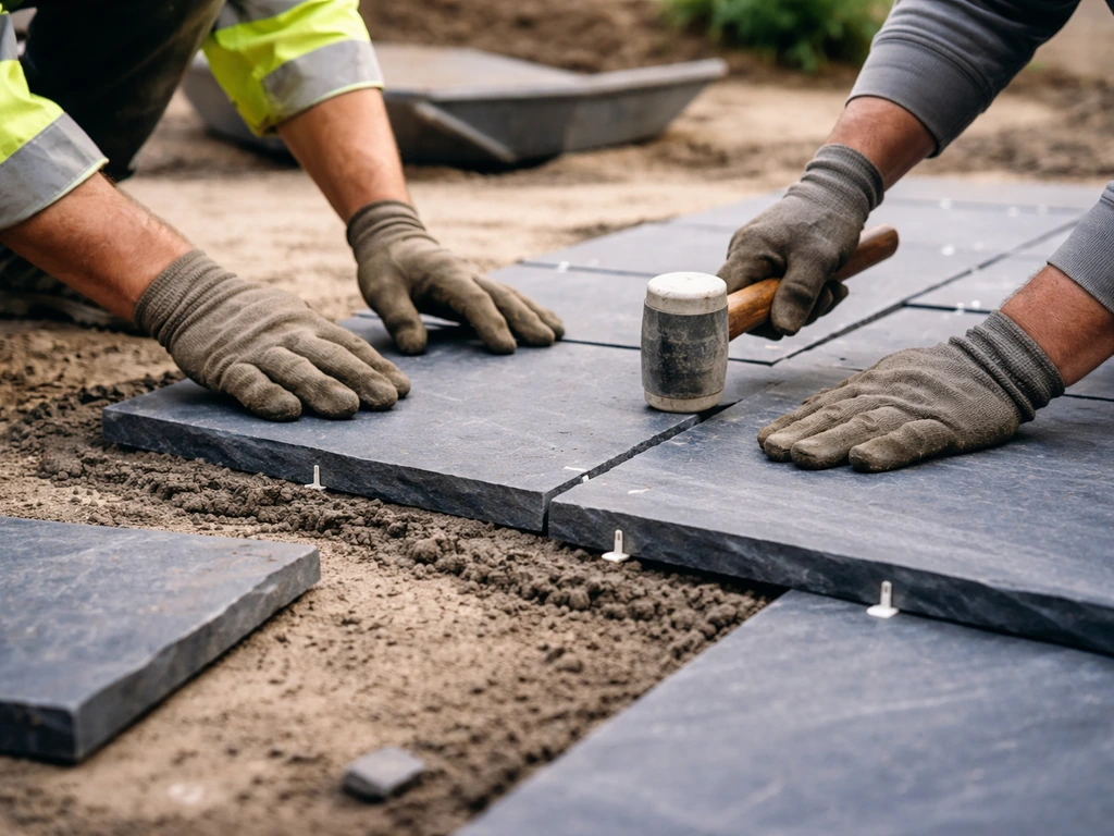 Workers’ hands align dark slate paving on a mortar bed using spacers and careful cutting.