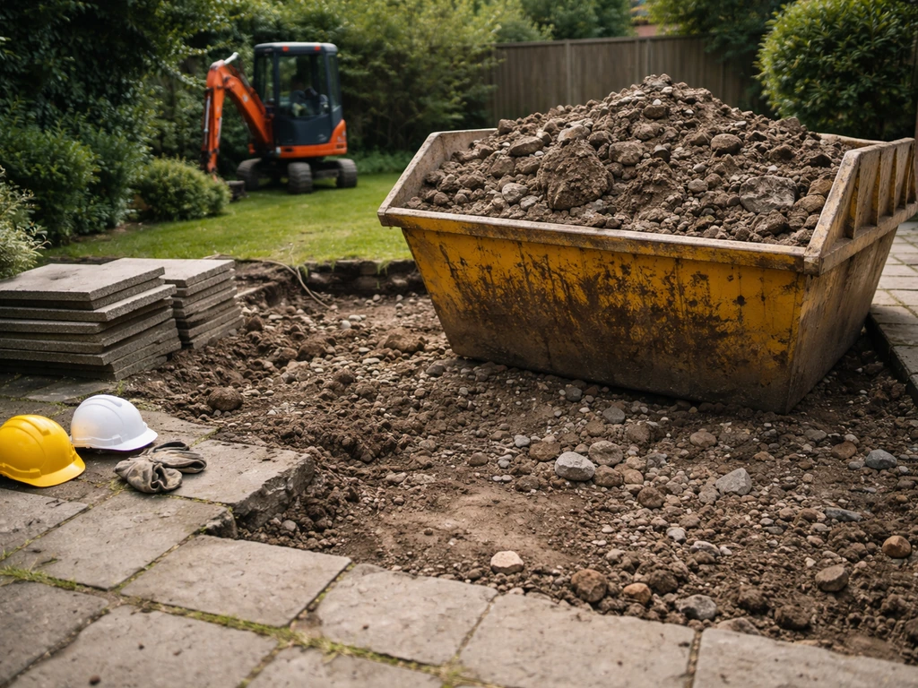 Skip filled with soil and rubble next to a patio excavation site, with stacked slabs nearby.