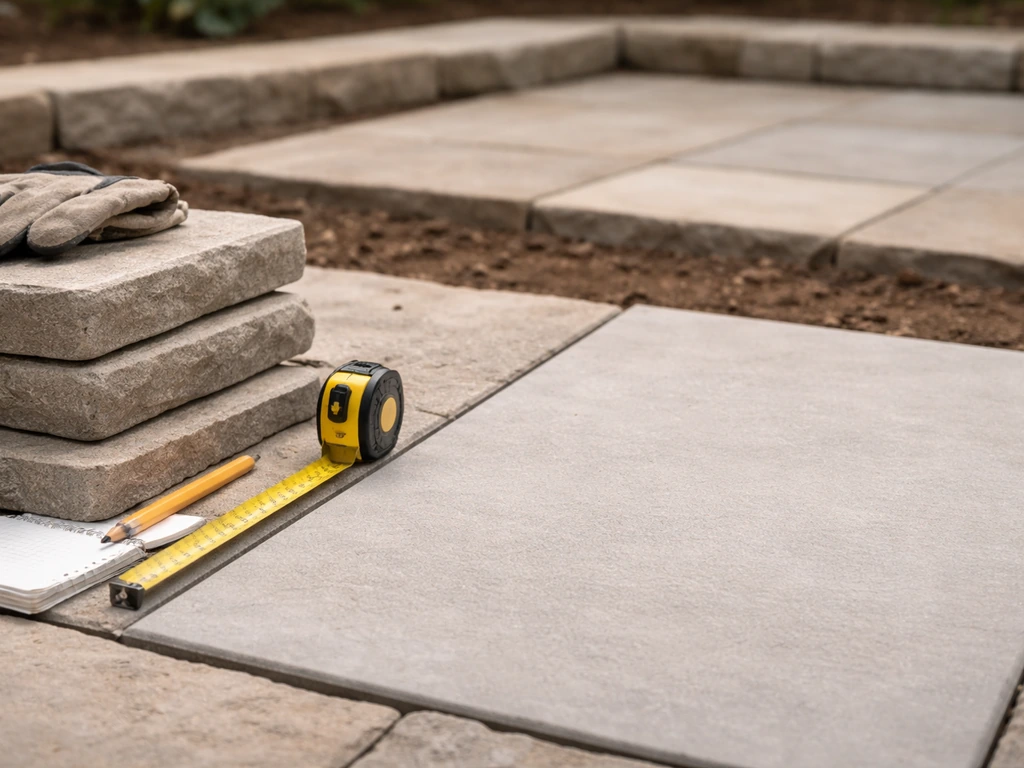 Close-up of patio paving slabs and measuring tape on a simple outdoor surface, implying budget examples.