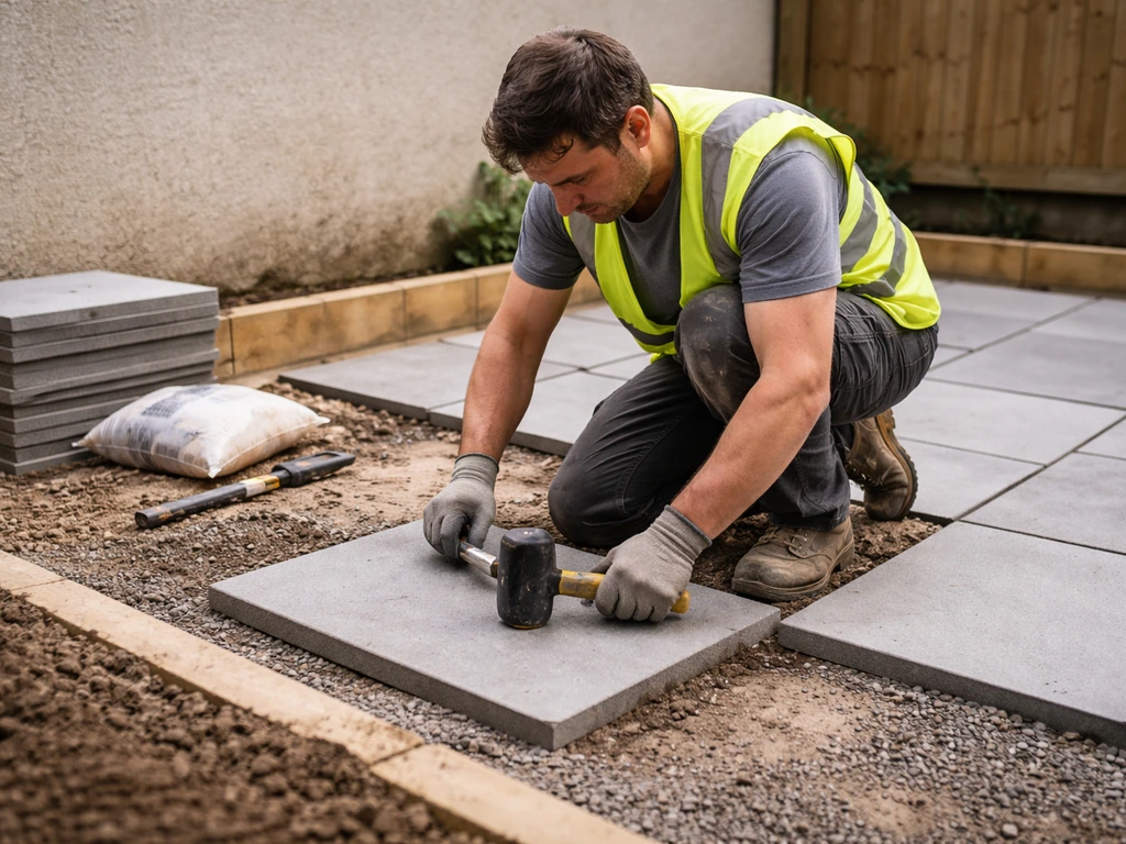 Contractor laying paving slabs on an in-progress patio base with gravel and tools staged nearby.
