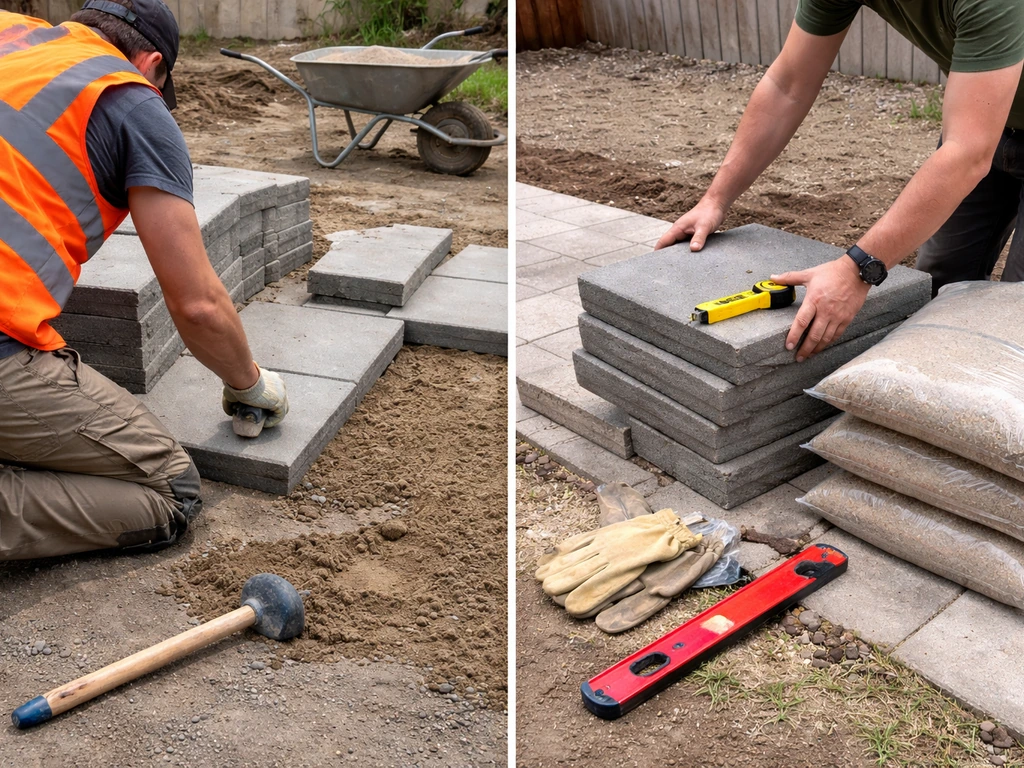 Split view of a worker paving while a homeowner supplies materials and measures.