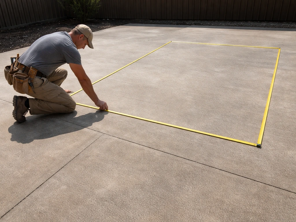 Contractor measuring an empty patio area with a tape measure, suggesting labour costs scale by size.