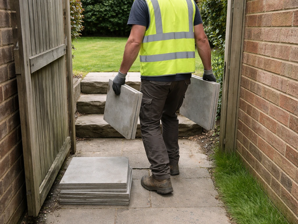 Anonymous worker carries paving slabs through a narrow side gate toward steps on a property.