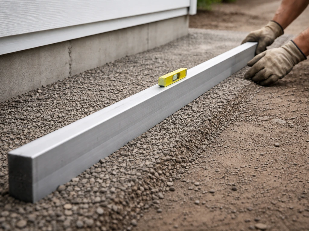 Close-up of a straight edge and level on gravel sub-base showing a shallow drainage slope near a house wall.