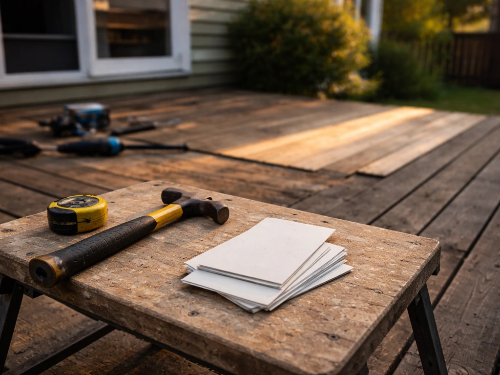 Outdoor patio repair scene with tools and plain receipts suggesting mudjacking cost breakdown.