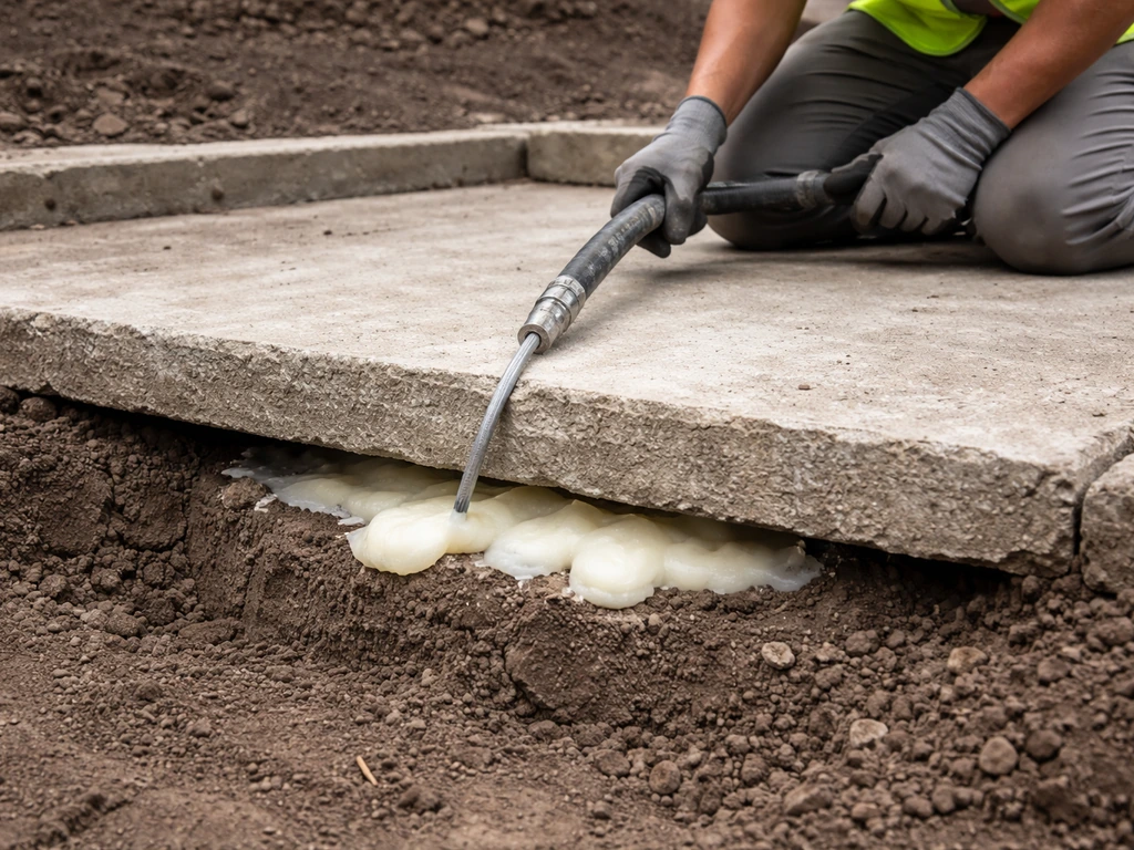 Sunken concrete slab lifted with visible grout injected beneath the edge