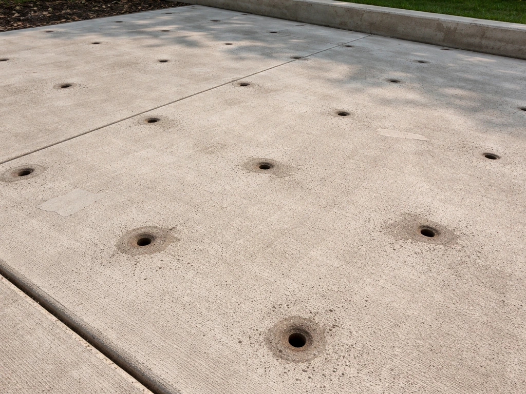 Patio slab with small drilled injection points spaced apart and fresh patching around them