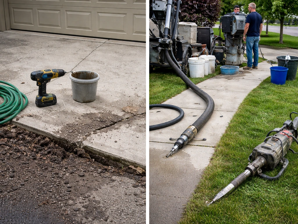 Side-by-side DIY tools on a messy driveway versus a pro mudjacking pump and drill by a cracked sidewalk.