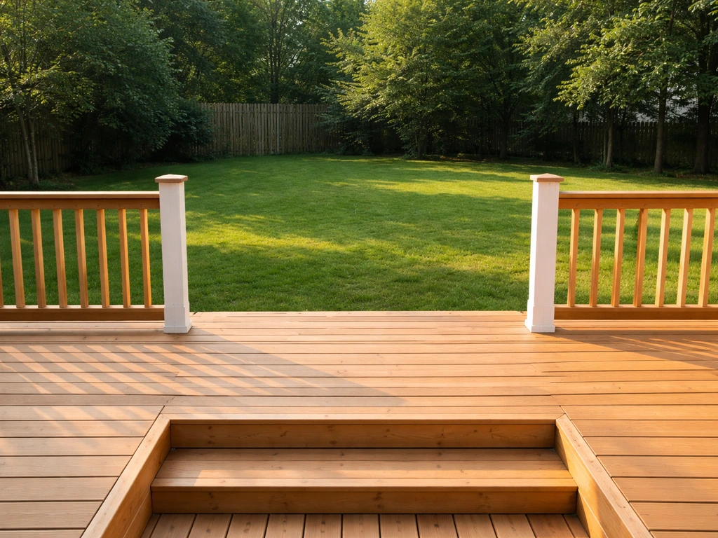 Bright finished wooden patio with visible decking boards, railing, and a few steps in a backyard