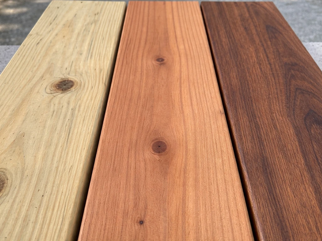 Close-up of side-by-side wood deck boards showing PT pine, cedar, and ipe grain and color differences.