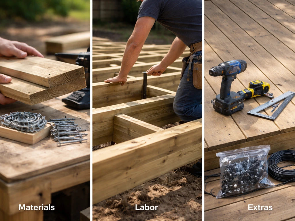 Split deck-work photo: materials boards and fasteners, labor hammering framing, extras accessories.