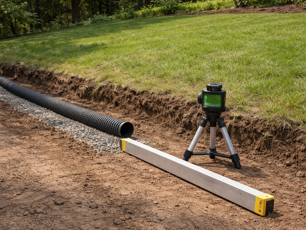 Leveling tools and drainage pipe placed along a backyard slope for deck base preparation