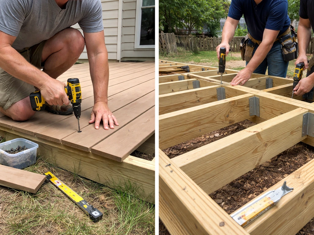Split view of DIY homeowner drilling deck boards versus contractor crew assembling joists.