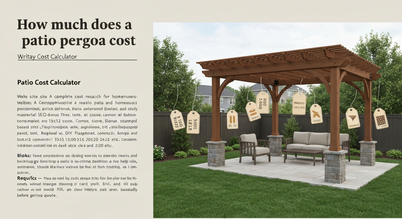 Stylized backyard pergola with floating price tags showing a wide cost range and small icons for kit, wood, vinyl, and motorized louvers.