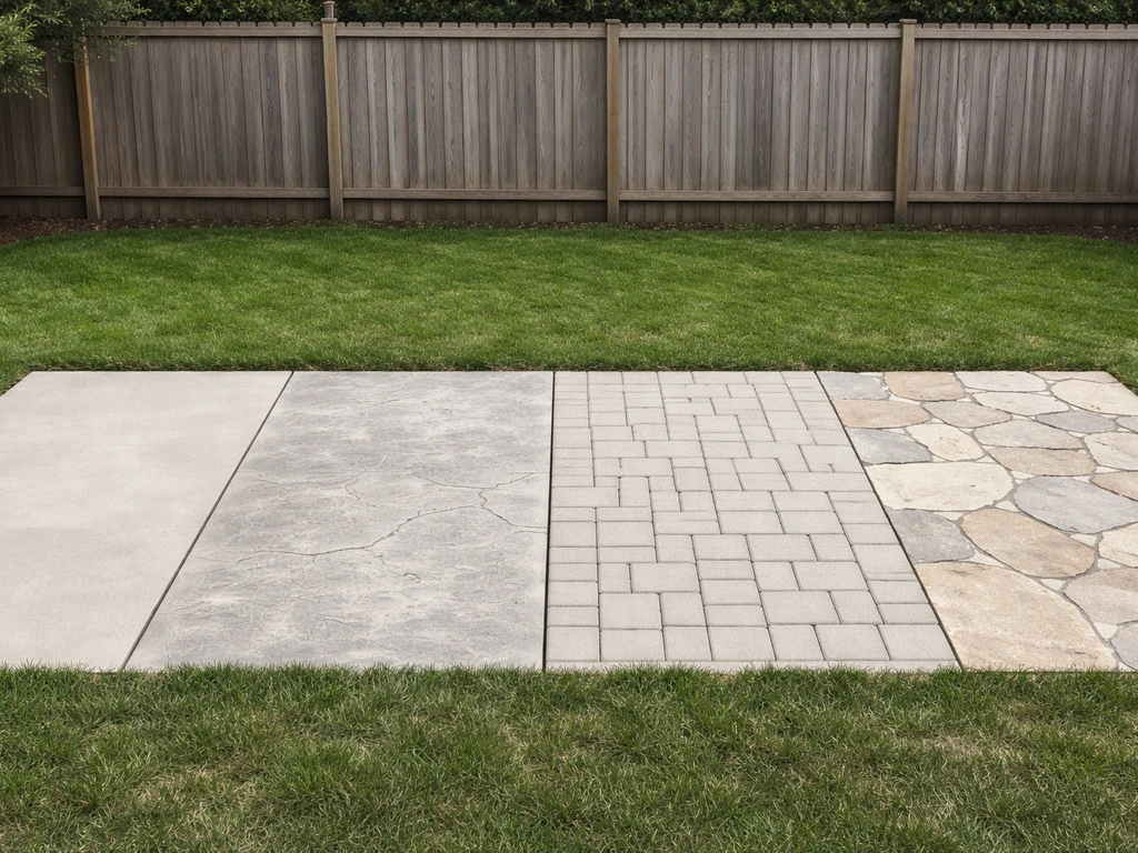 Four side-by-side backyard patio sections showing plain concrete, stamped concrete, pavers, and flagstone.