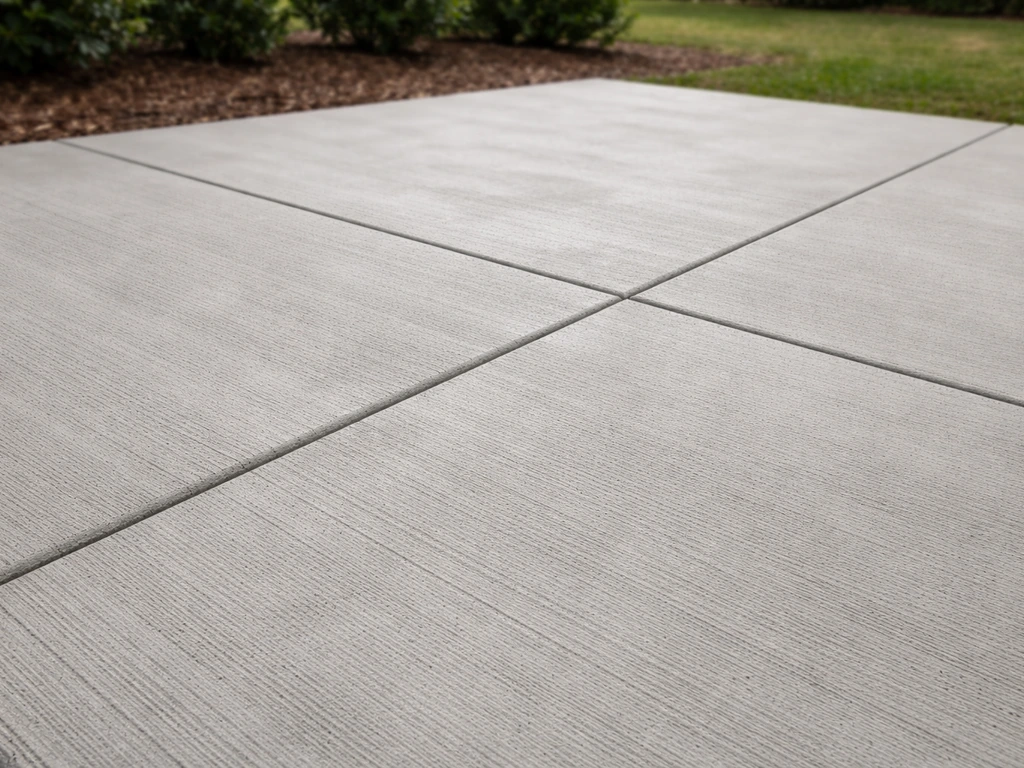 Close-up of a plain poured concrete patio with broom finish and visible edge forms