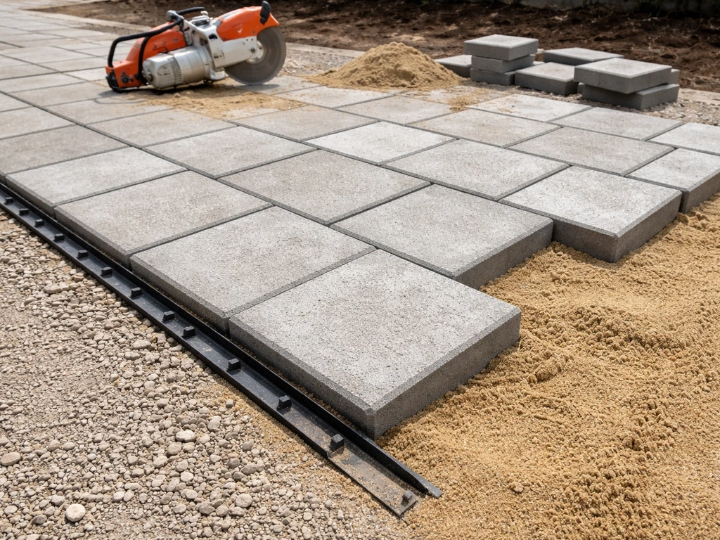Concrete pavers being installed over bedding sand, with edge restraint and a cutting saw nearby.