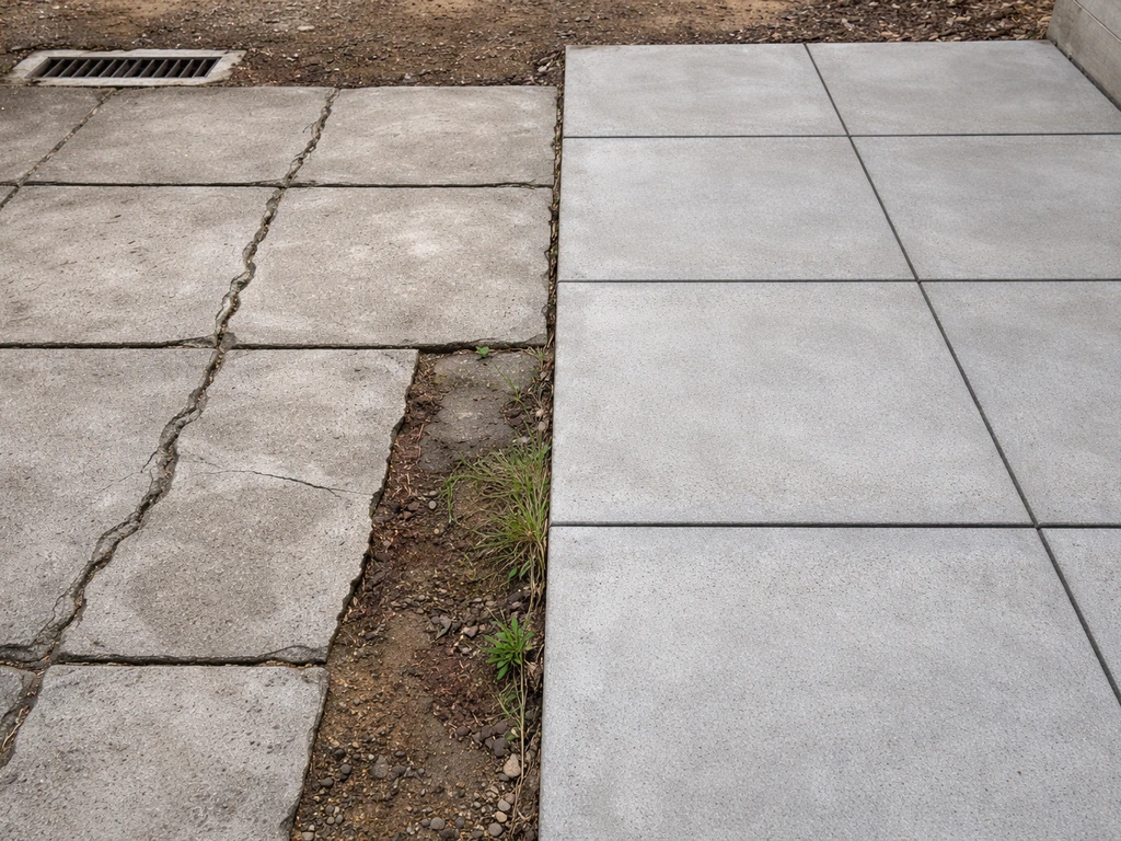 DIY concrete patio with uneven surface and messy edges contrasted with a clean, pro-finished section