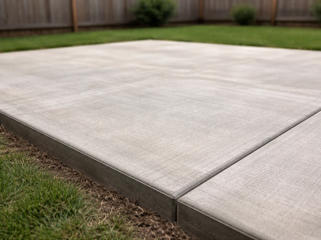 Finished concrete patio slab in a quiet backyard, showing texture and edges for a cost-per-sq-ft topic