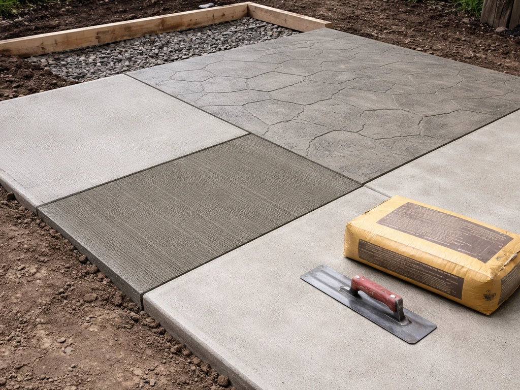 Minimal backyard patio slab with tools, showing simple small/medium/larger concrete finish tiers by texture.