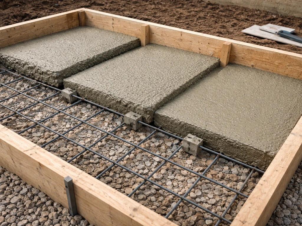 Close-up view of a patio slab formwork with gravel base and rebar layers, showing thickness options.