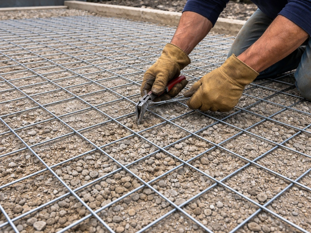 Worker ties welded wire mesh on a compacted gravel base before pouring a patio slab.