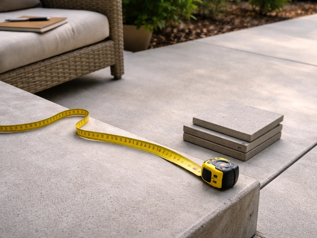Patio concrete slab with measuring tape and notebook, suggesting quick budgeting estimates for square footage.