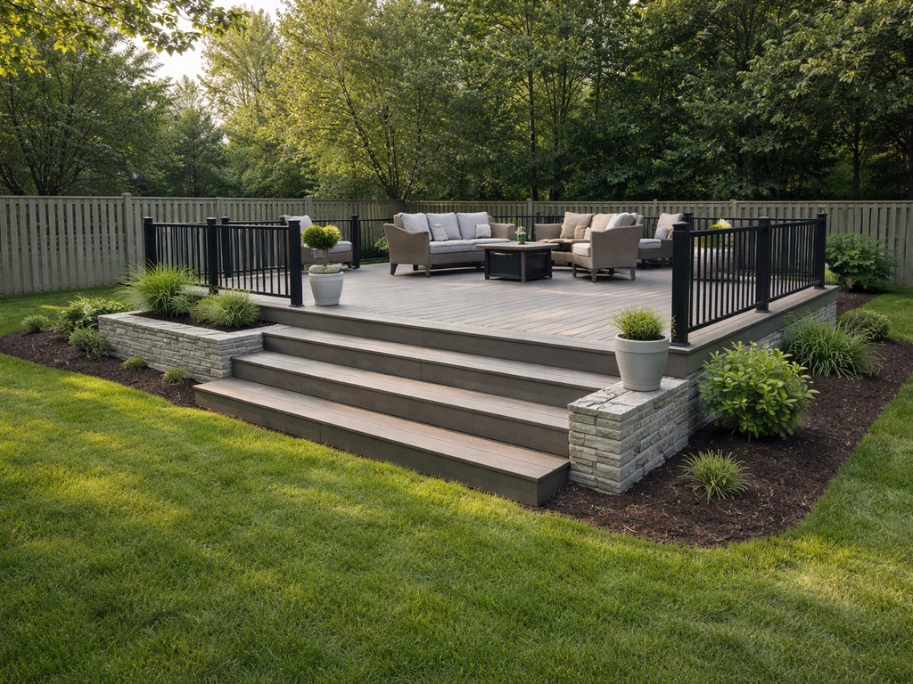Finished raised patio with visible steps, retaining edges, and neatly landscaped backyard.