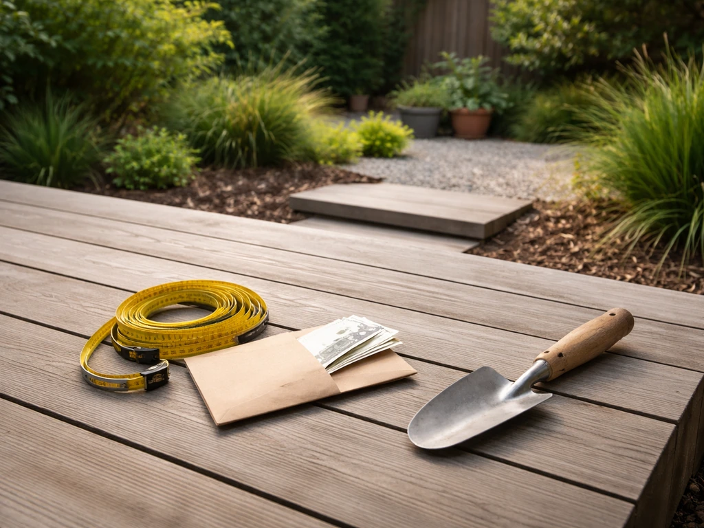 Minimal photo of an outdoor patio area with budget symbols like a measuring tape and cash under natural light