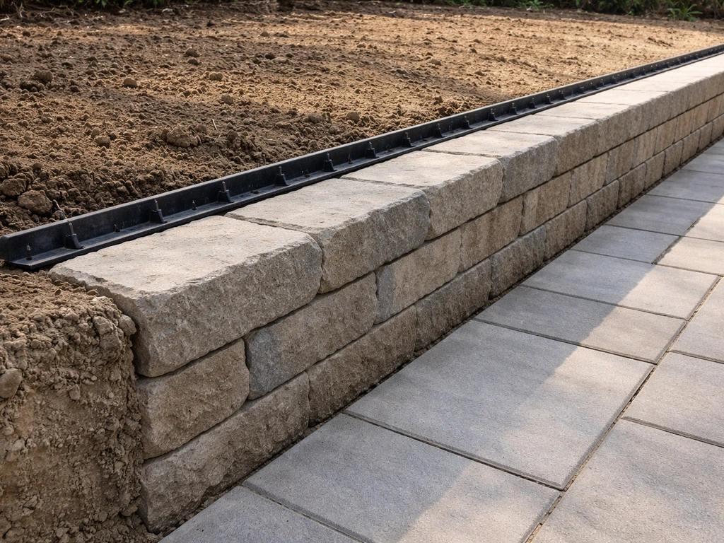 Side view of a raised patio perimeter with concrete retaining blocks and an edge system holding back soil.
