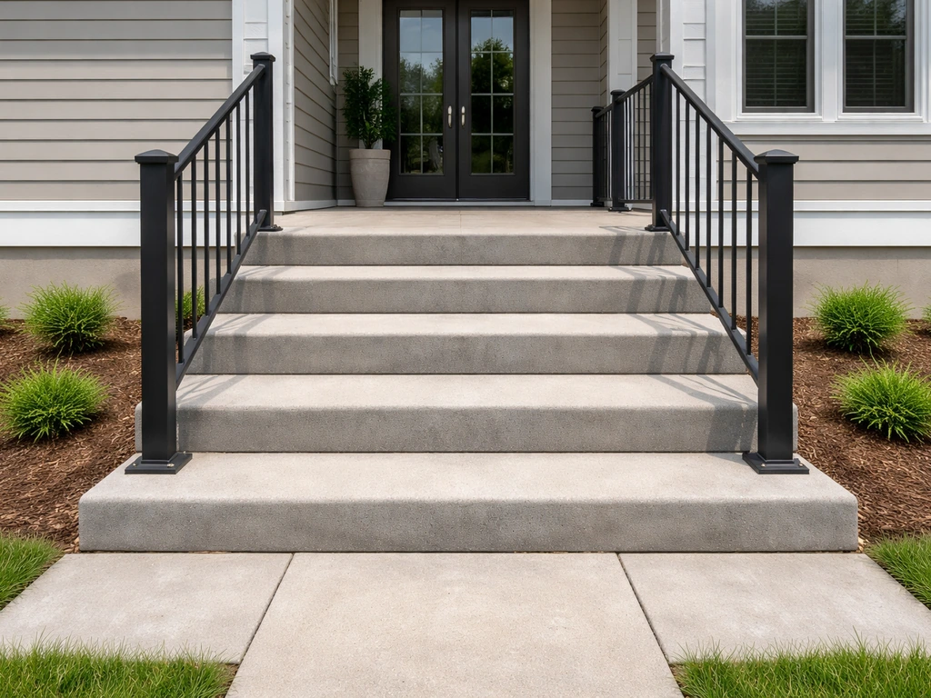 Raised patio front steps with matching railings, showing step tread and posts in a simple outdoor entry.