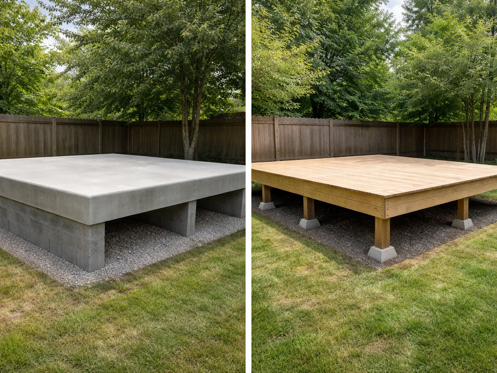 Split view of a raised concrete patio on an elevated base and a deck platform supported by posts