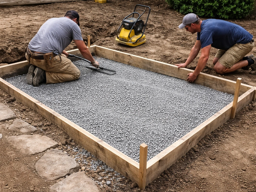 Construction crew leveling compacted gravel base for a raised patio with screed boards and form edges.